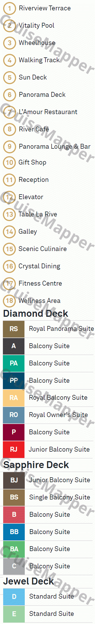 Scenic Emerald deck 3 plan (Diamond-Lobby-Lounge) legend