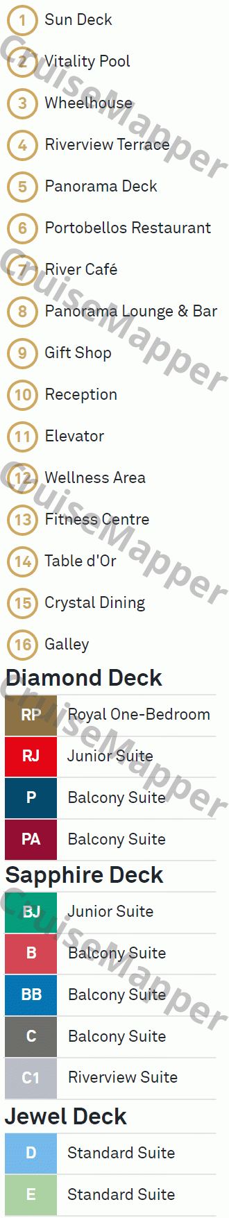 Scenic Azure deck 2 plan (Sapphire-Dining-Spa) legend