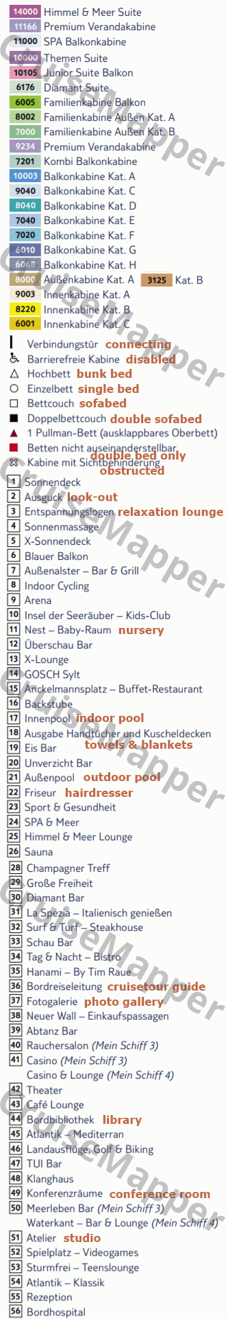 Mein Schiff 4 deck 7 plan (Hanse-Cabins) legend