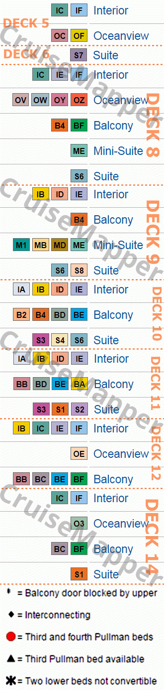 Grand Princess deck 10 plan (Caribe-Cabins) legend