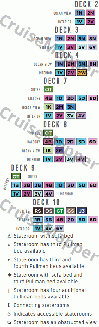 Brilliance Of The Seas deck 10 plan (Bridge-Cabins) legend