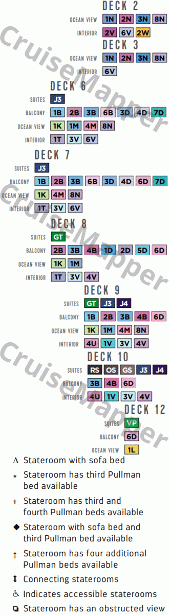 Adventure Of The Seas deck 12 plan (Kids-Teens-Spa-Cabins) legend