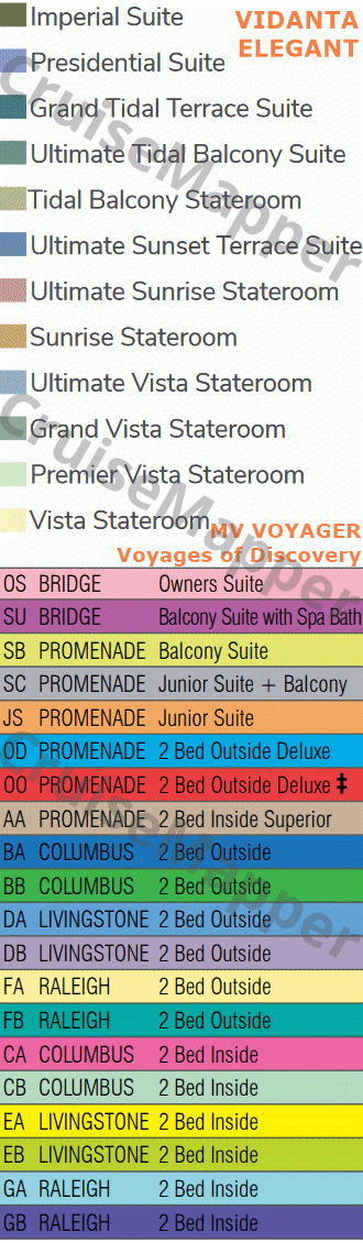 Vidanta Elegant deck 15 plan (Voyages of Discovery VOYAGER deck8) legend