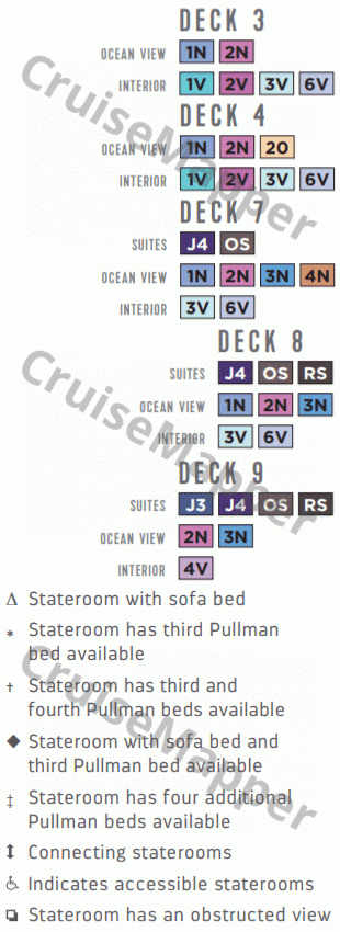 Cordelia Empress deck 9 plan (Bridge-Cabins) legend