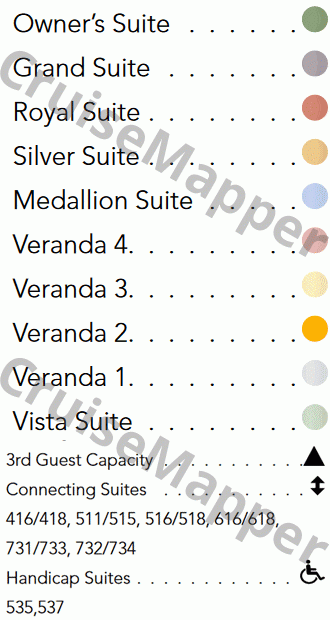 Silver Whisper deck 6 plan (Lounge-Cabins) legend