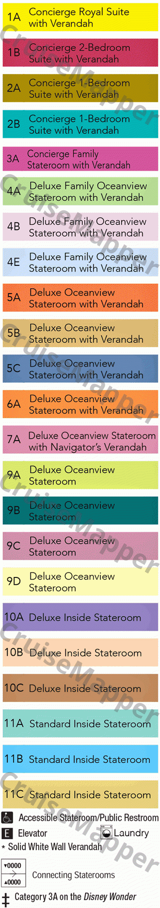 Disney Wonder deck 1 plan (Cabins-Crew-Tendering-Hospital) legend