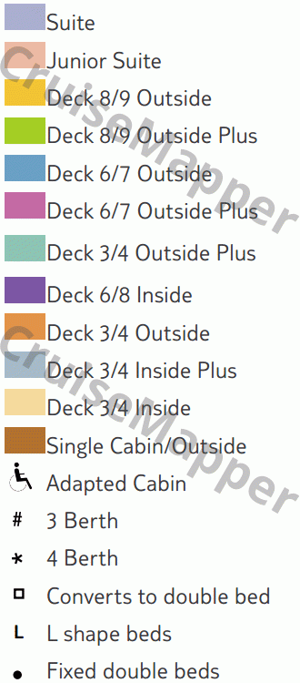 Crown Iris deck 7 plan (Promenade-Cabins-Spa) legend