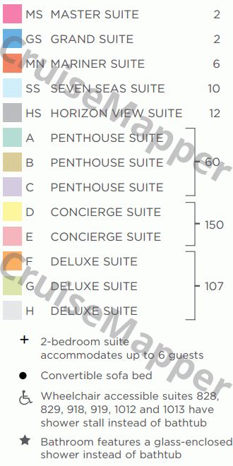 Seven Seas Mariner deck 11 plan (Sundeck-Lido-Pools-Cabins) legend