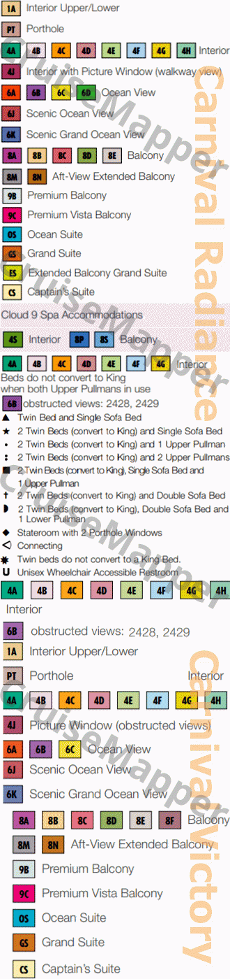 Carnival Radiance deck 9 plan (Lido-Pools-Cabins) legend