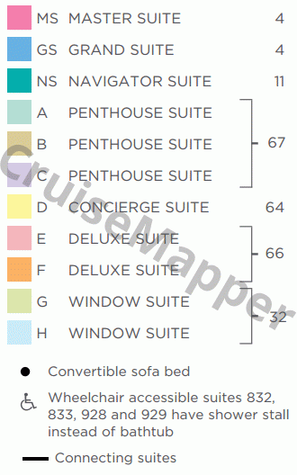 Seven Seas Navigator deck 8 plan (Cabins) legend