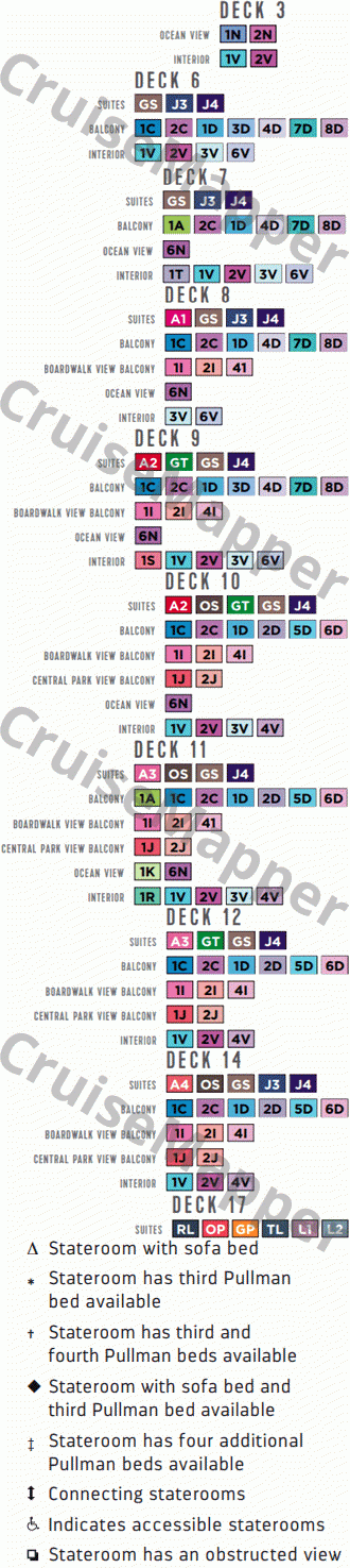 Allure Of The Seas deck 14 plan (Kids-Cabins) legend