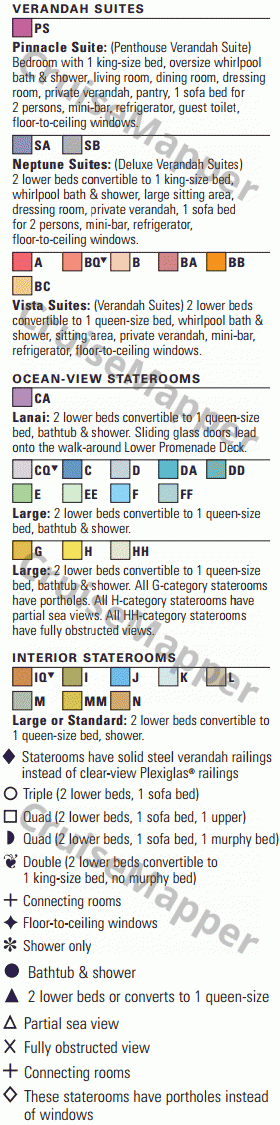 Aegean Majesty deck 9 plan (MS Veendam deck9-Verandah-Cabins) legend