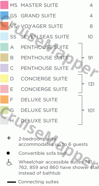 Seven Seas Voyager deck 6 plan (Gym-Spa-Cabins) legend