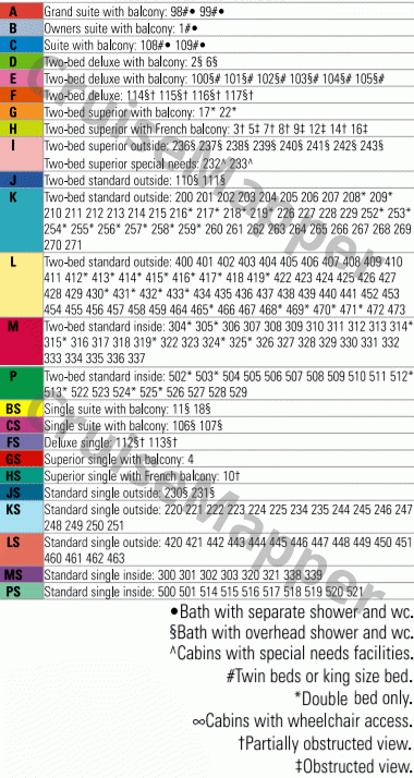 Saga Pearl II deck 6 plan (Bridge-Cabins-Sundeck) legend