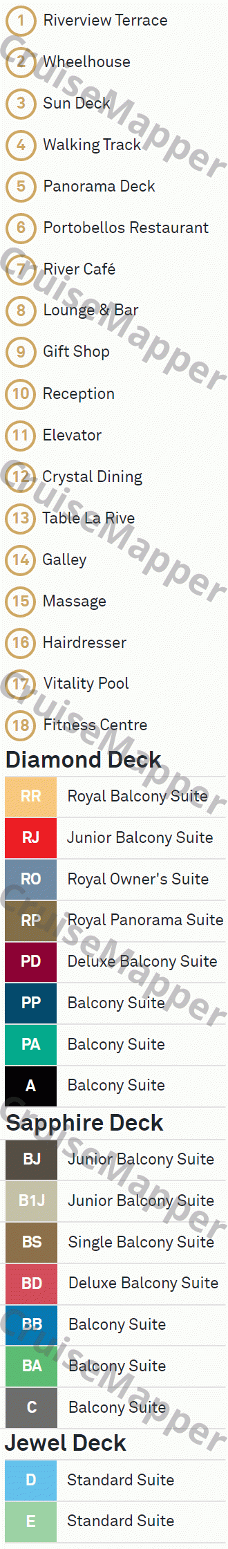 Scenic Opal deck 1 plan (Jewel-Spa) legend