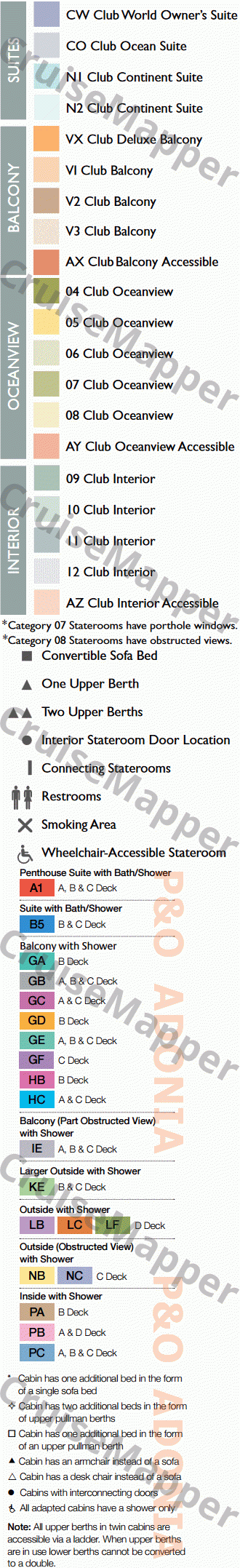 Azamara Pursuit deck 12 plan (P&O Adonia deck4-Cabins) legend