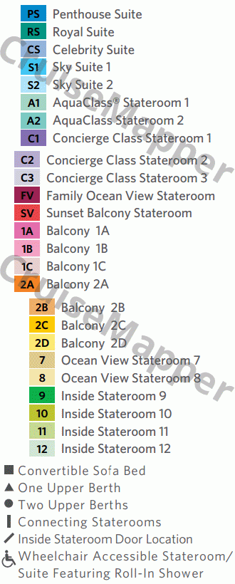 Celebrity Eclipse deck 11 plan (Penthouse-Cabins) legend