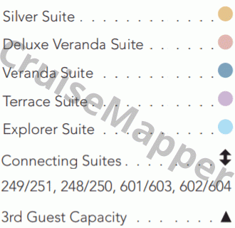 Silver Galapagos deck 3 plan (Promenade-Lounge-Lobby-Cabins) legend