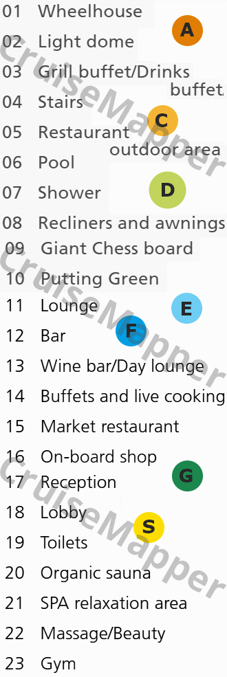 Arosa Flora deck 2 plan (Main-Lobby-Dining-Lounge) legend