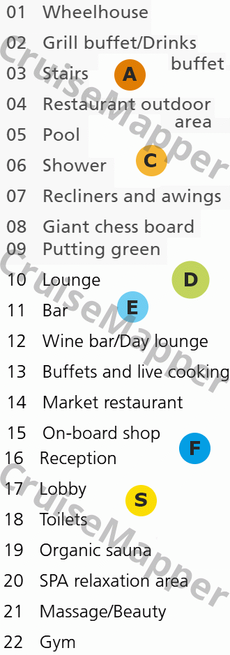 Arosa Silva deck 2 plan (Main-Lobby-Dining-Lounge) legend