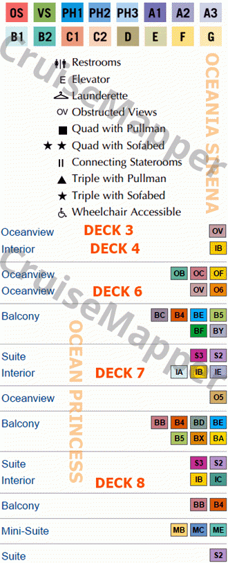 Oceania Sirena deck 4 plan (Hospital-Lobby-Cabins) legend