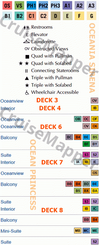 Oceania Sirena deck 9 plan (Lido-Pools-Spa) legend