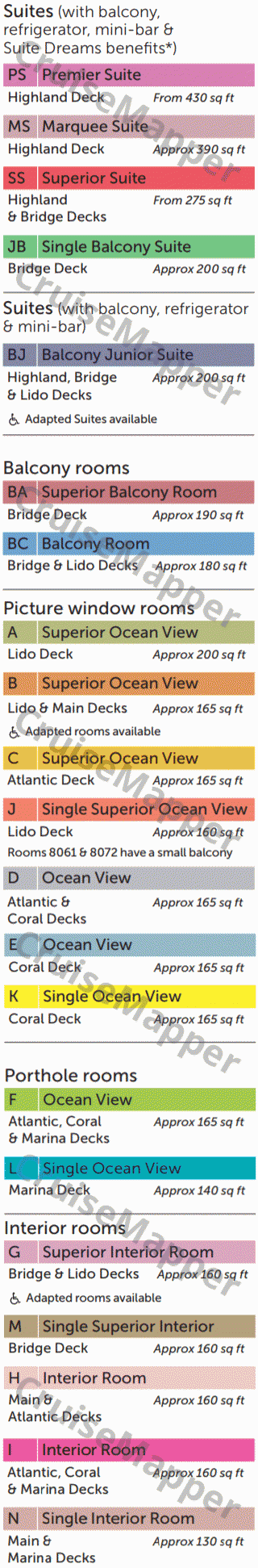 Fred Olsen Balmoral deck 4 plan (Corallo-Cabins) legend