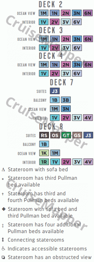 Enchantment Of The Seas deck 8 plan (Bridge-Cabins) legend