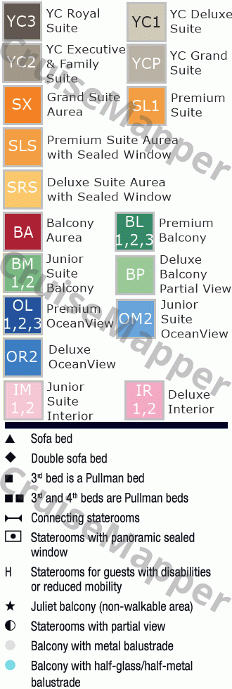 MSC Preziosa deck 7 plan (Rubino-Promenade-Lounge) legend