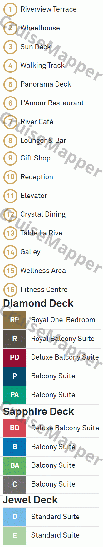 Scenic Gem deck 3 plan (Diamond-Lobby-Lounge) legend