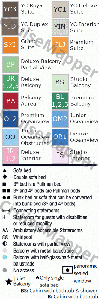 MSC Meraviglia deck 18 plan (Piramids-Kids-Teens-Yacht Club Restaurant) legend