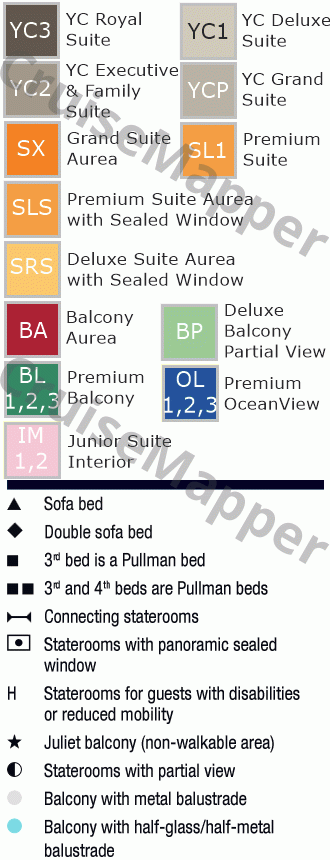 MSC Fantasia deck 9 plan (Radioso-Cabins) legend