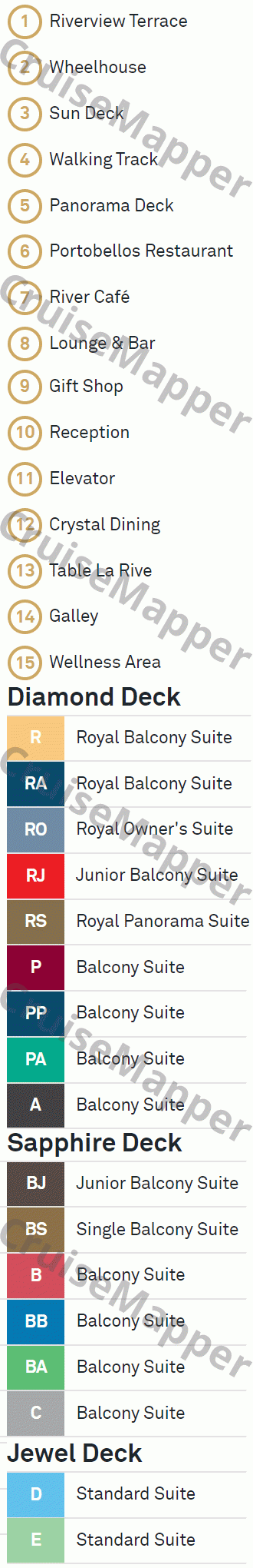 Scenic Ruby deck 1 plan (Jewel-Spa) legend