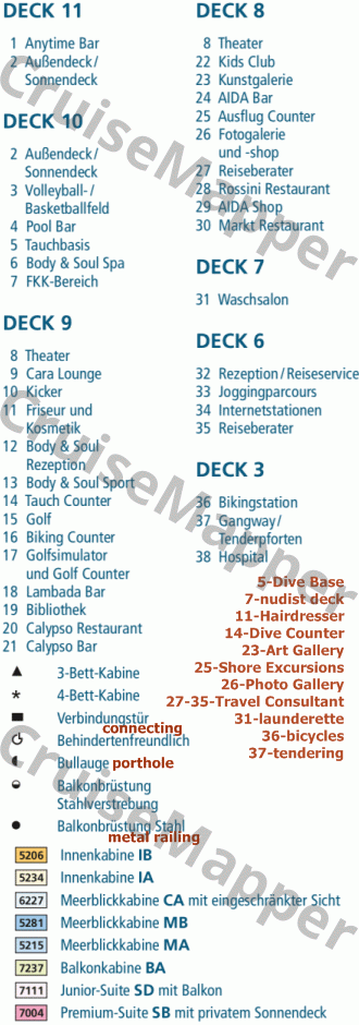 Astoria Grande deck 11 plan (Sundeck) legend