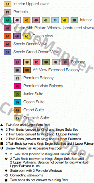 Carnival Valor deck 2 plan (Main-Cabins) legend