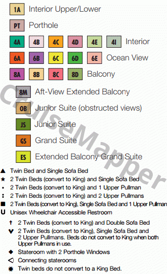 Carnival Ecstasy deck 4 plan (Riviera-Cabins) legend