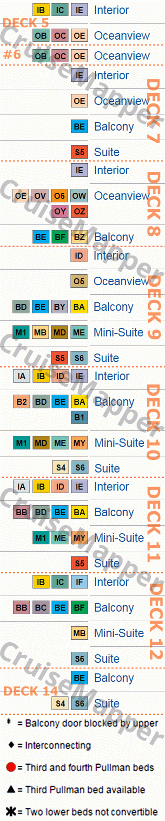 Island Princess deck 8 plan (Emerald-Cabins) legend