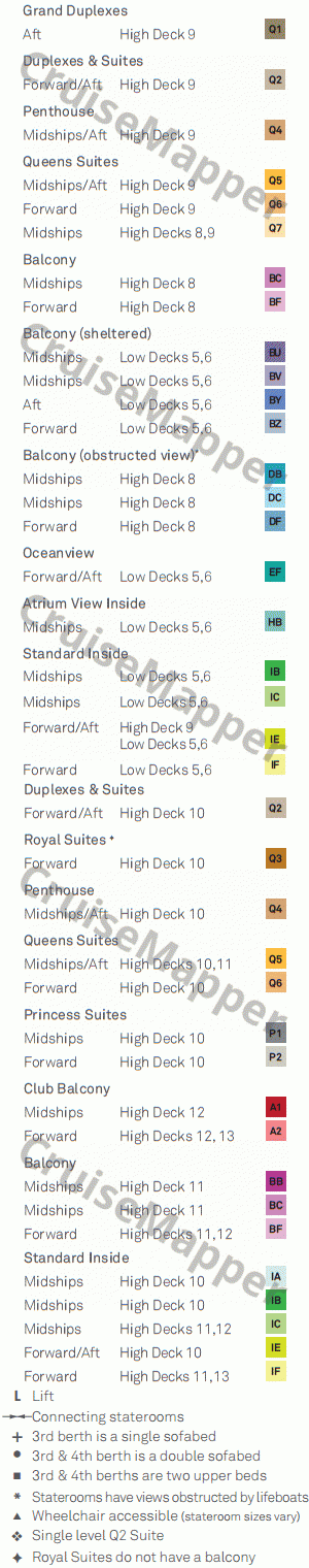 Queen Mary 2 deck 12 plan (Cabins-Bridge-Lido-Pool) legend