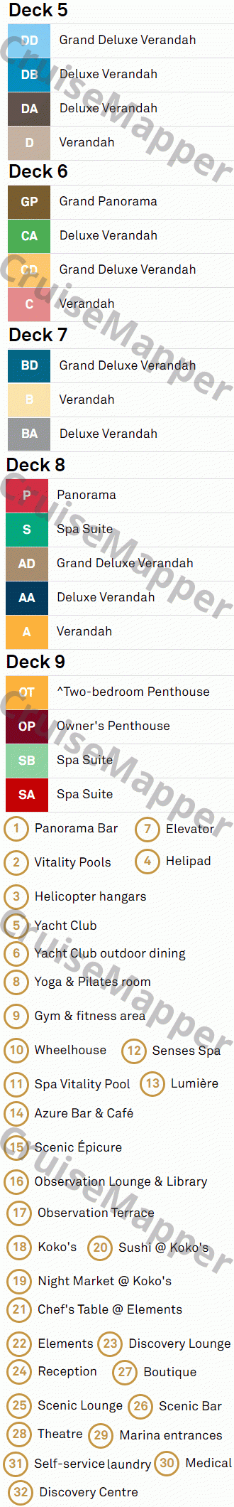 Scenic Eclipse deck 7 plan (Bridge-Lido-Pools-Cabins) legend