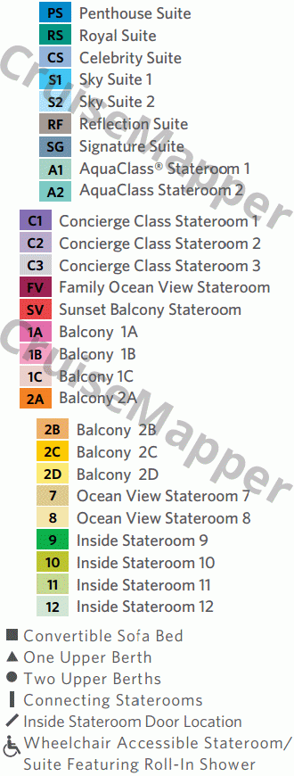Celebrity Reflection deck 6 plan (Continental-Cabins) legend