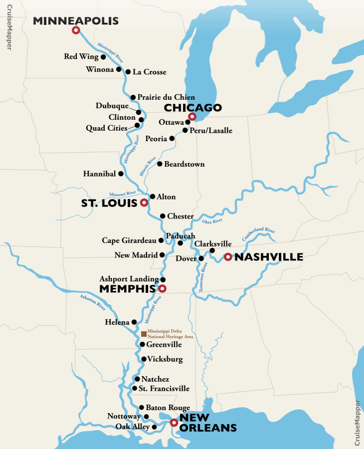American Queen Steamboat Company cruise itineraries map