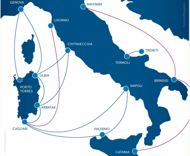 TIRRENIA Navigazione ferry ports map