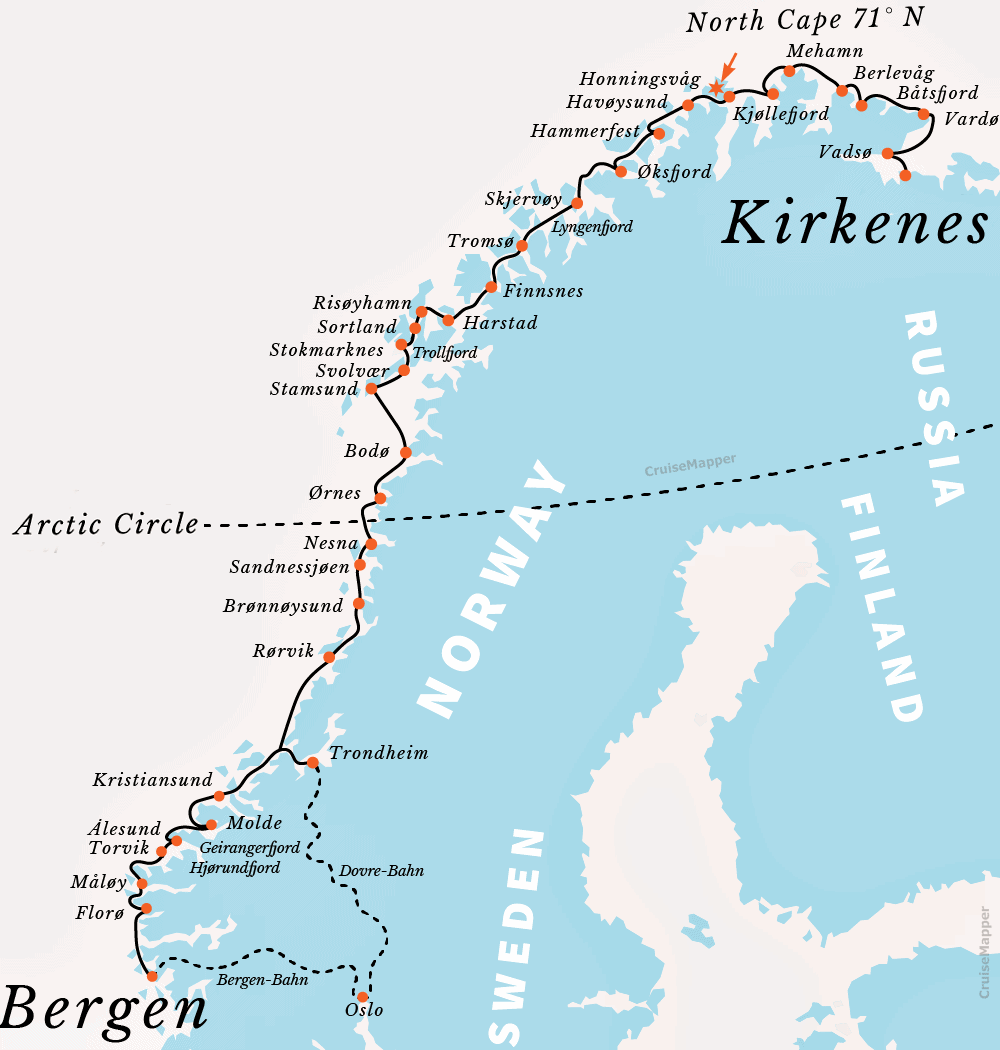 Hurtigruten Norwegian Coastal Express ferry route (itinerary map)