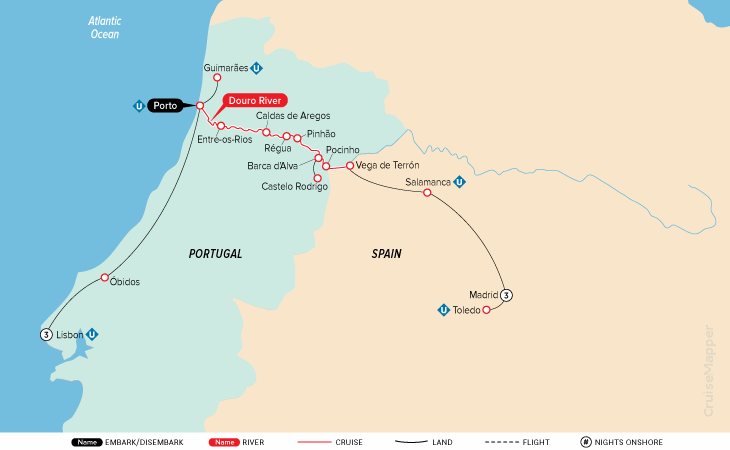Uniworld Douro River cruise itinerary map