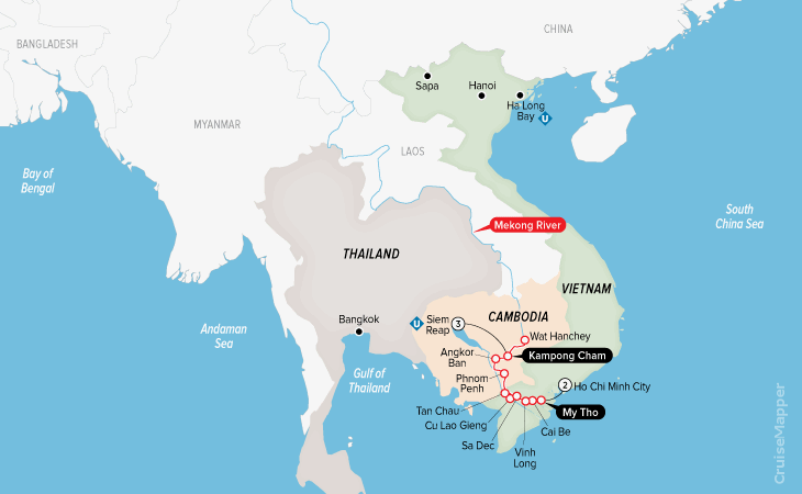 Mekong Jewel Uniworld Mekong River cruise itinerary map