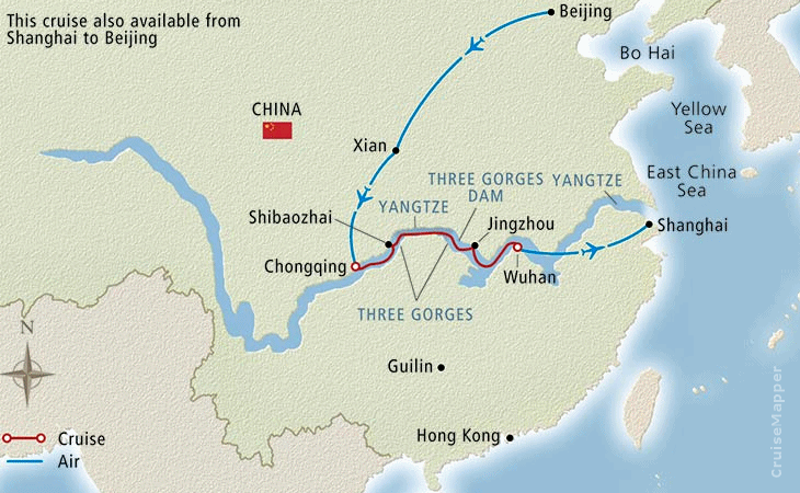 Viking Yangtze River cruise itinerary map (China)
