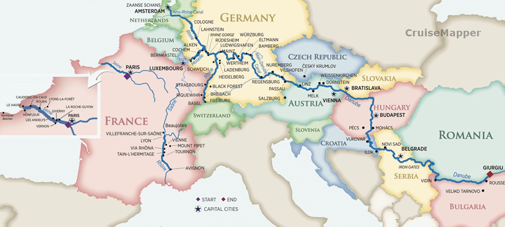 AmaWaterways (Seven River Journey Through Europe Cruise 2023) itinerary map