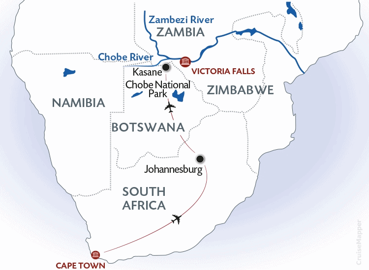 CroisiEurope Africa cruise itinerary map (Chobe and Zambezi rivers, South Africa)