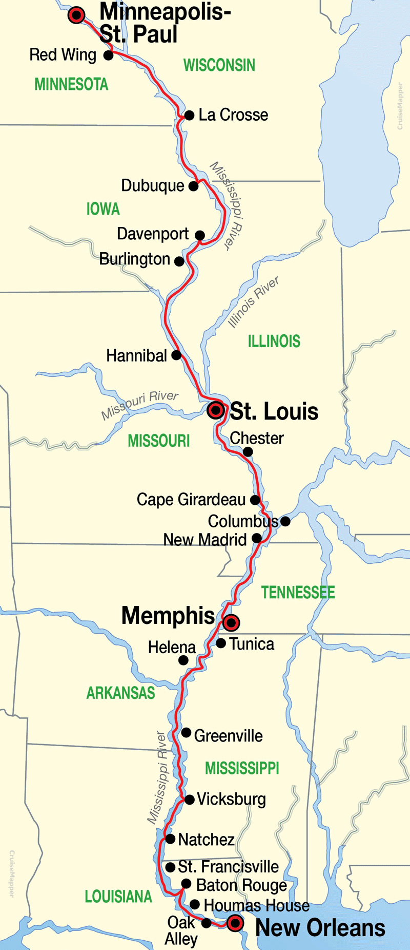 Mississippi river cruise ports map (USA)