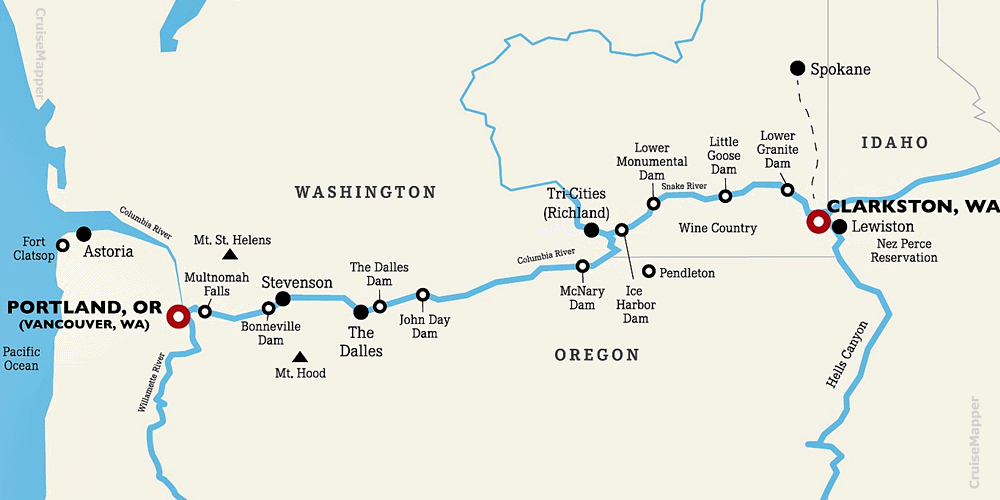Snake and Columbia river cruise ports map (USA)